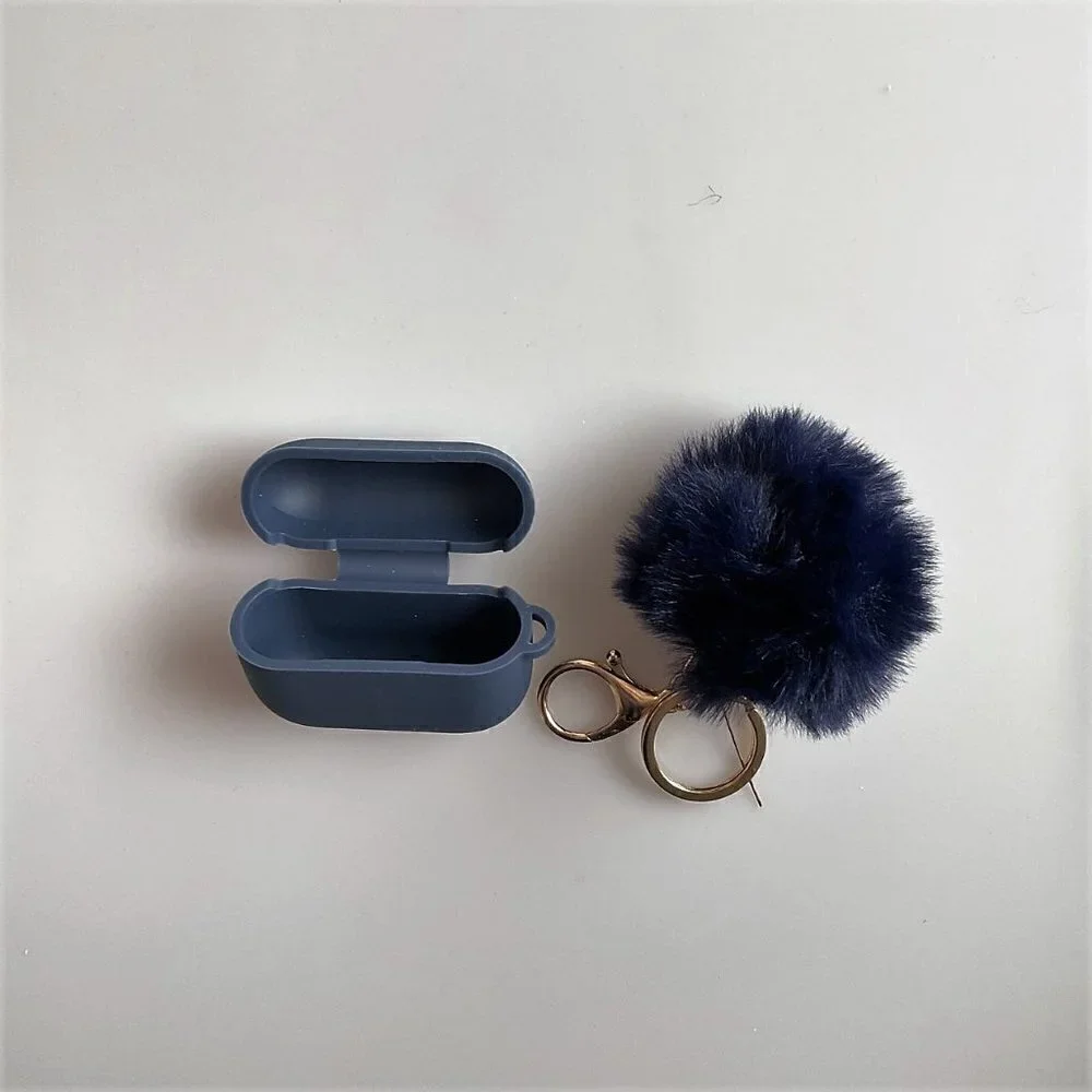 PREMIUM SILICONE CASE FOR EARPODS BUDS WITH POM POM KEYCHAIN & ANTI-LOST STRAP,